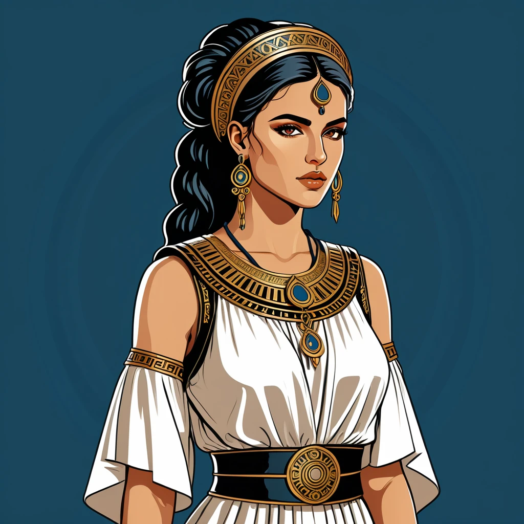 cyberpunk greek woman in folk outfit, vector graphics, strong contours
