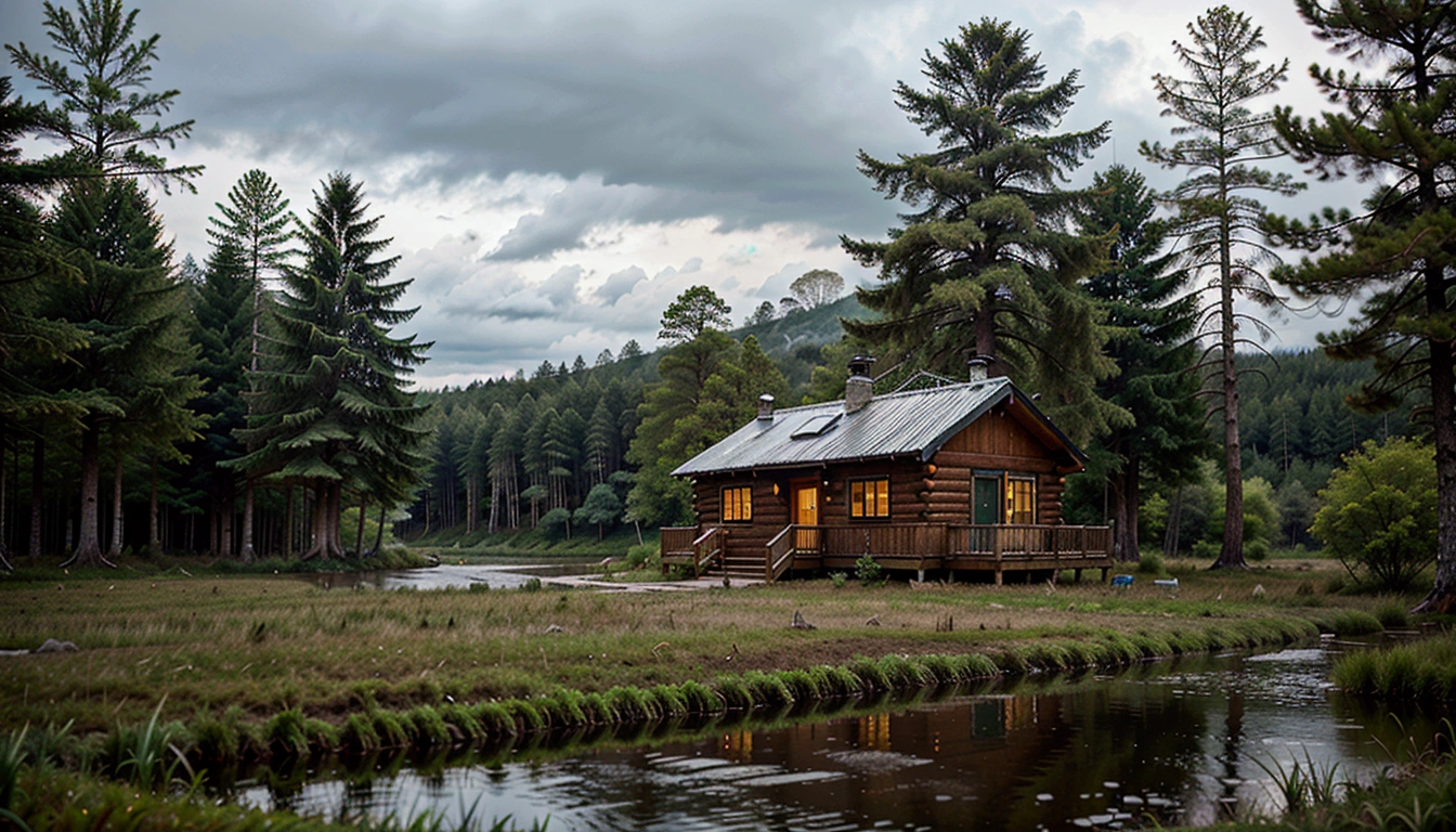 Storm in the forest with lots of fog and thunder, a cabin with windows and doors illuminated by light, rain splashes on wet roof, Wet vegetation, a pond in front of the hut, Realistic, High Definition Cinematic Image