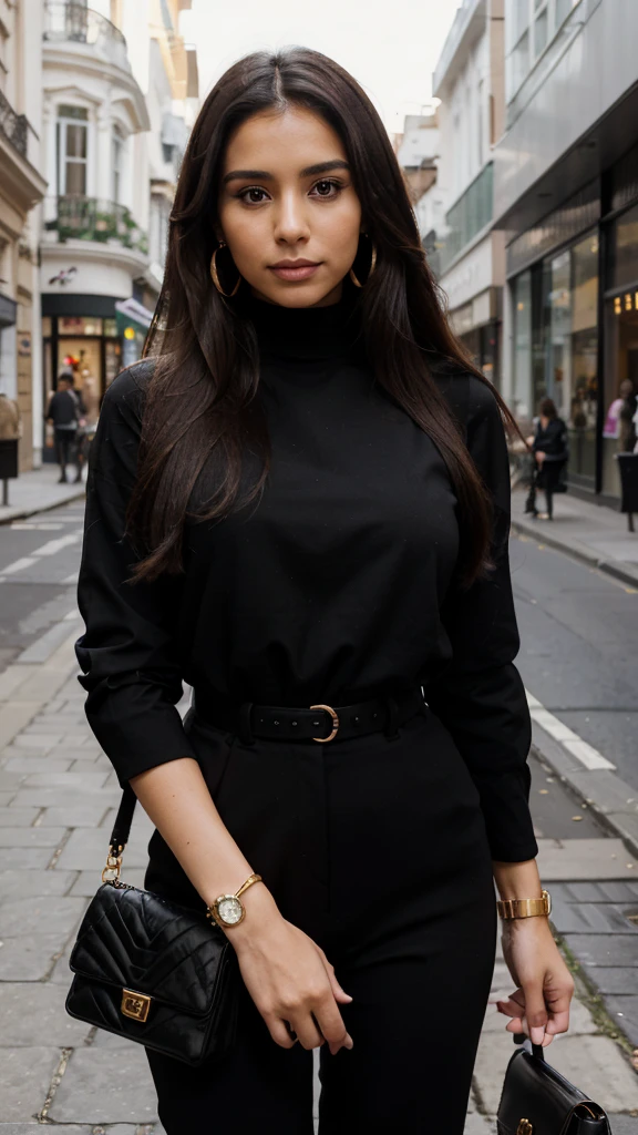 Create the image of a 35-year-old woman, with very long, straight and voluminous hair, black and parted to the side. She is a beautiful woman of Colombian origin, wearing a black blouse with an elegant turtleneck and red tailored pants, holding a bag in her hand, with golden earrings and a watch. She is 1.55 tall and 75 kilos with a round face. She is on a London street, going to a business meeting, she has delicate and subtle hands. High quality, high resolution, 8k.