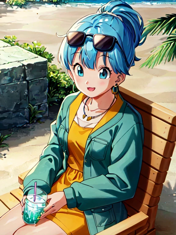 ((extremely detailed CG unity 4k wallpaper)),(masterpiece),(ultra quality),(ultra-detailed),(best illustration),(best shadow),(Extremely Detailed),(absurdres),(detailed background), Bulma, 1girl, solo, blue hair, blue eyes, jewelry, earrings, eyewear on head, sunglasses, lipstick, makeup, short hair, tree, tropical drink, bulma, drinking straw, flower, palm tree, drink, chair, food, necklace, smile, cup, fruit