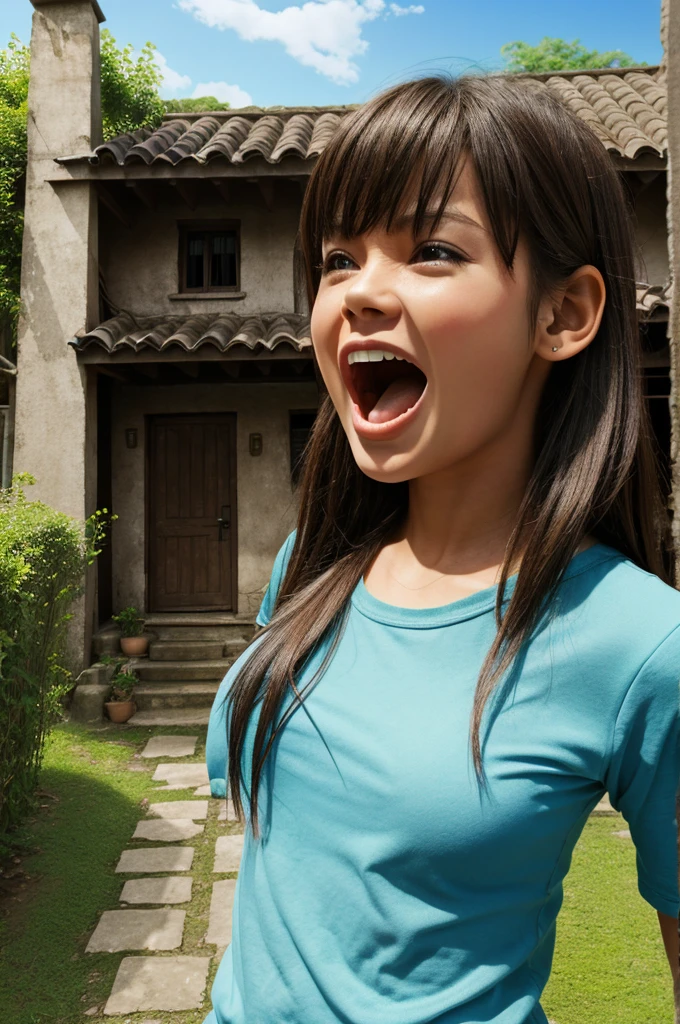 a girl screaming background  village home and well  3d 