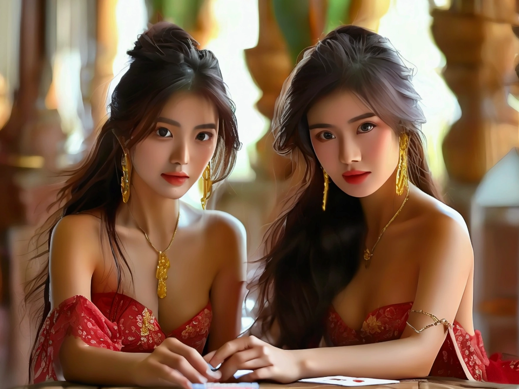 ((3 girls)),sitting playing cards, Gorgeous Thai model, beautiful asian woman, beautiful asian girl, beautiful oriental woman, Thai dress, very beautiful woman, gorgeous woman, Very charming and beautiful, asian woman, attractive woman, jaw-dropping beauty