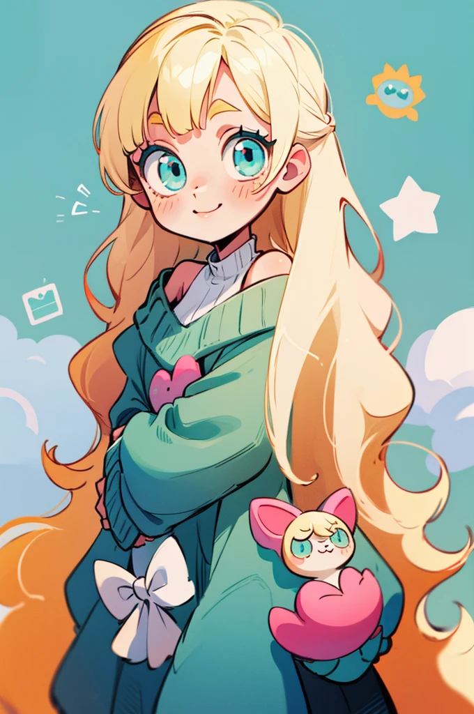 cute, happy, very long blonde hair, white bow in the back of hair, turquoise eyes, big eyes, oversized off shoulder sweater, kawaii, comfy, gamer