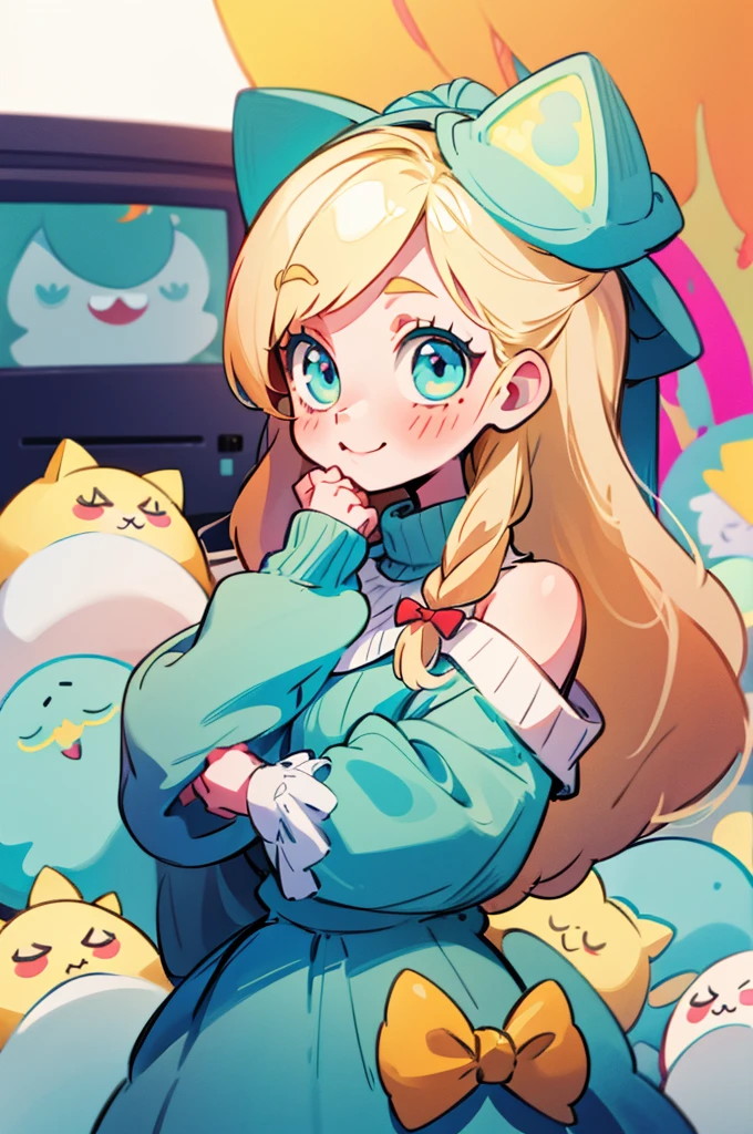 cute, happy, very long blonde hair, white bow in the back of hair, turquoise eyes, big eyes, oversized off shoulder sweater, kawaii, comfy, gamer