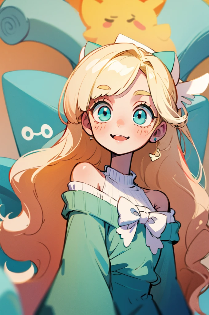 cute, happy, very long blonde hair, white bow in the back of hair, turquoise eyes, big eyes, oversized off shoulder sweater, kawaii, comfy, gamer