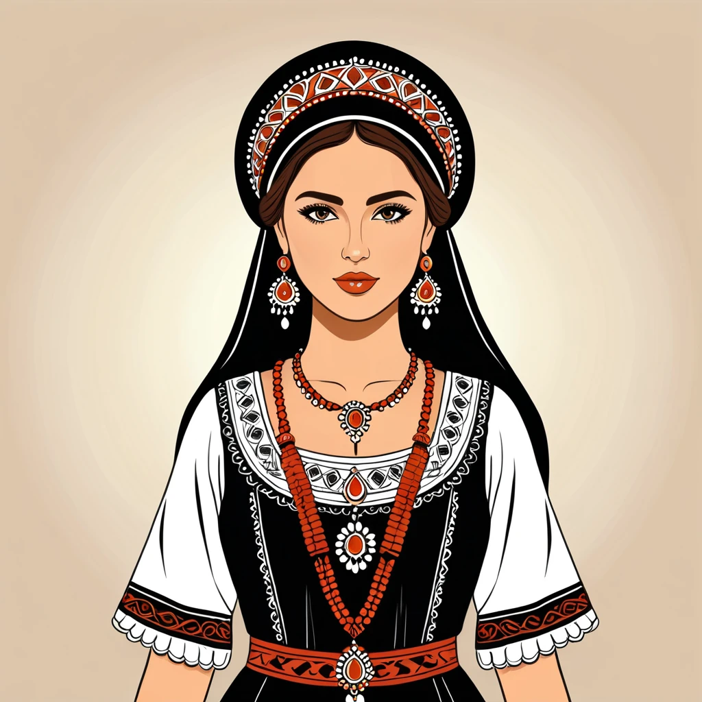 greek woman in folk outfit, vector graphics, strong contours

