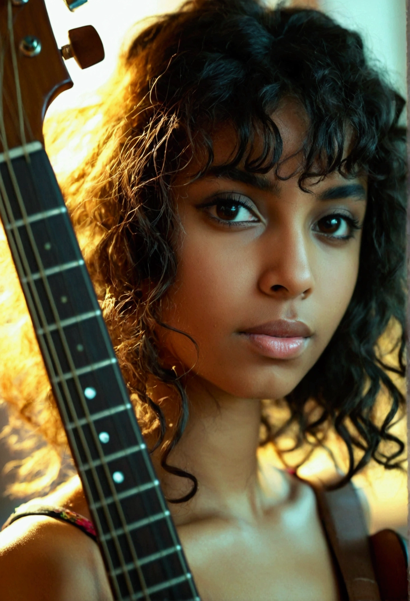 a brown girl, guitar body, curly hair looking straight at the camera with a horny look, medium breasts, perfect pussy