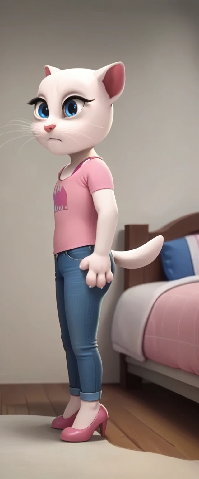 solo focus, a_la, 1girl, cat, white fur, long whiskers on both sides of the face, big bright blue eyes, large black eyelashes, pink nose, triangular ears with pink channels, shoes with pulled-down heels.jeans. side view. in bed. Dog Position,