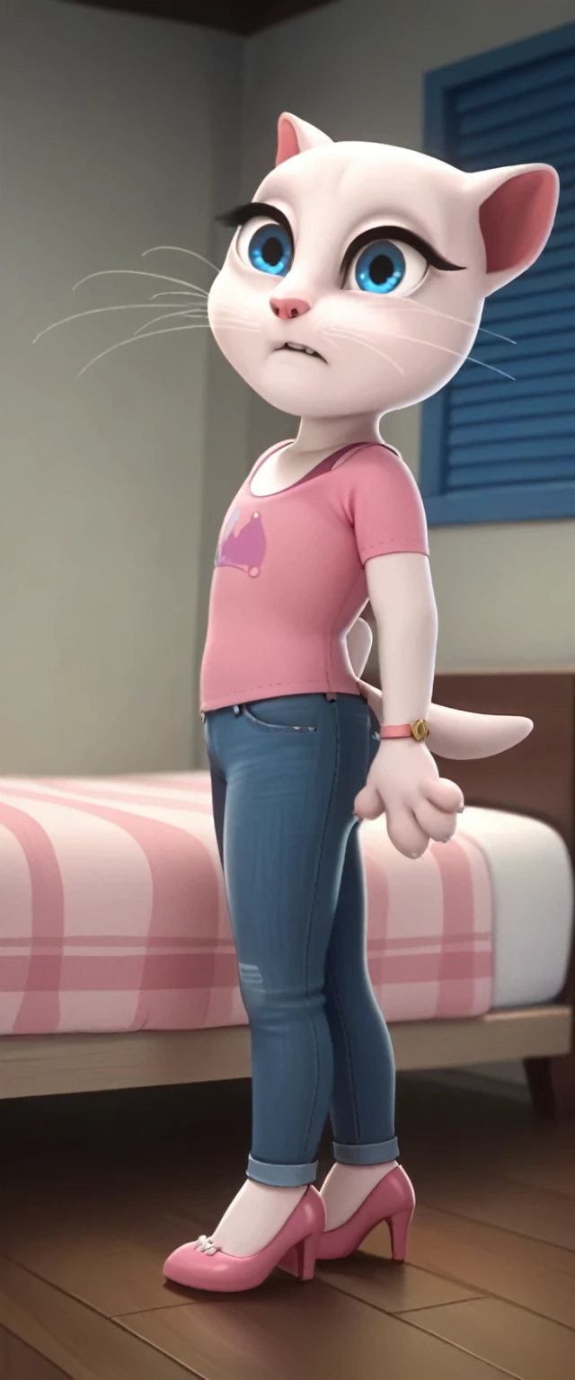 solo focus, a_la, 1girl, cat, white fur, long whiskers on both sides of the face, big bright blue eyes, large black eyelashes, pink nose, triangular ears with pink channels, shoes with pulled-down heels.jeans. side view. in bed. Dog Position,