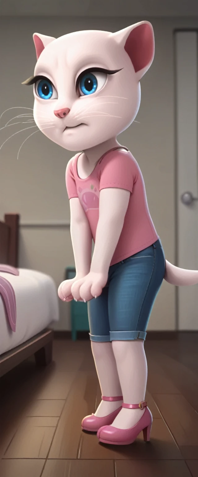 solo focus, a_la, 1girl, cat, white fur, long whiskers on both sides of the face, big bright blue eyes, large black eyelashes, pink nose, triangular ears with pink channels, shoes with pulled-down heels.jeans. side view. in bed. Dog Position,