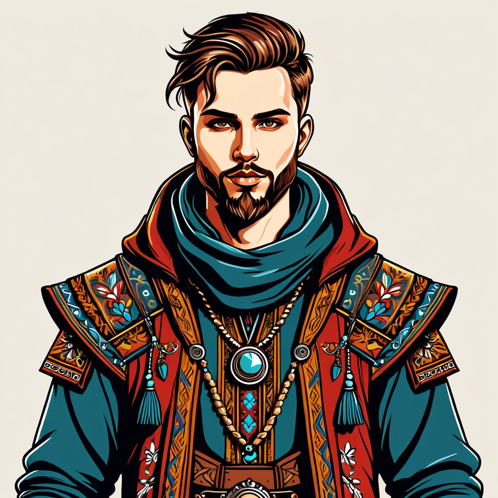 cyberpunk man in folk outfit, vector graphics, strong contours
