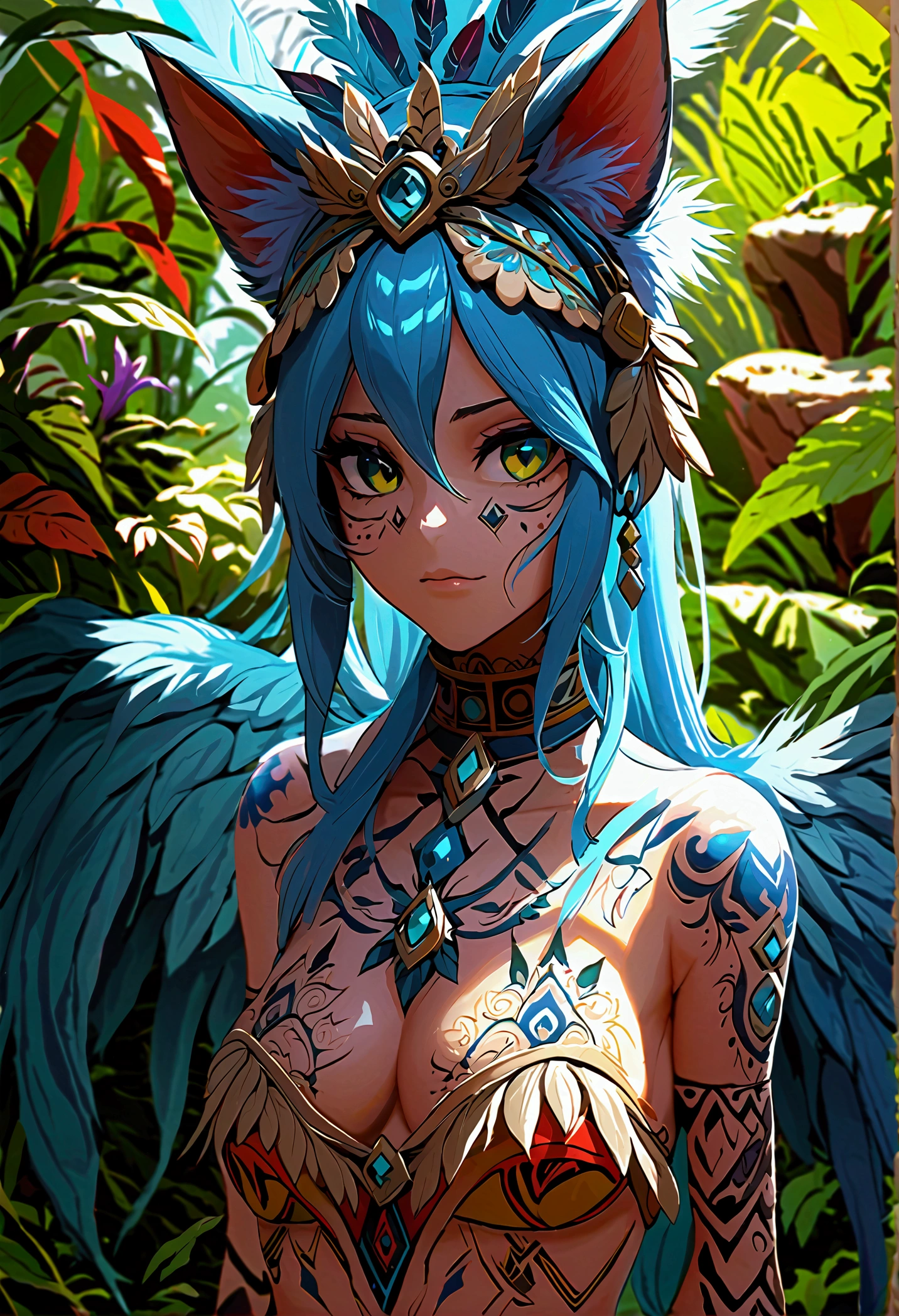 Miku Hatsune, add high definition add_detail:1, blue fur,kitsune ears, tribal tattoo add_detail:1, in ruins in the jungle, barefoot, tribal costume add_details:1, giant aquamarine feather wings_detailsl:1 ,alas hermosas la mejor calidad y detail en las plumas, add blue saturation light_detailsl, sensual pose, pupilas con gran detail, definition in each structure of the eye, color iris water add_detail:1