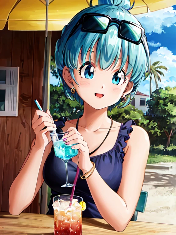 ((extremely detailed CG unity 4k wallpaper)),(masterpiece),(ultra quality),(ultra-detailed),(best illustration),(best shadow),(Extremely Detailed),(absurdres),(detailed background), Bulma, 1girl, solo, blue hair, blue eyes, jewelry, earrings, eyewear on head, sunglasses, lipstick, makeup, short hair, tree, tropical drink, bulma, drinking straw, flower, palm tree, drink, chair, food, necklace, smile, cup, fruit