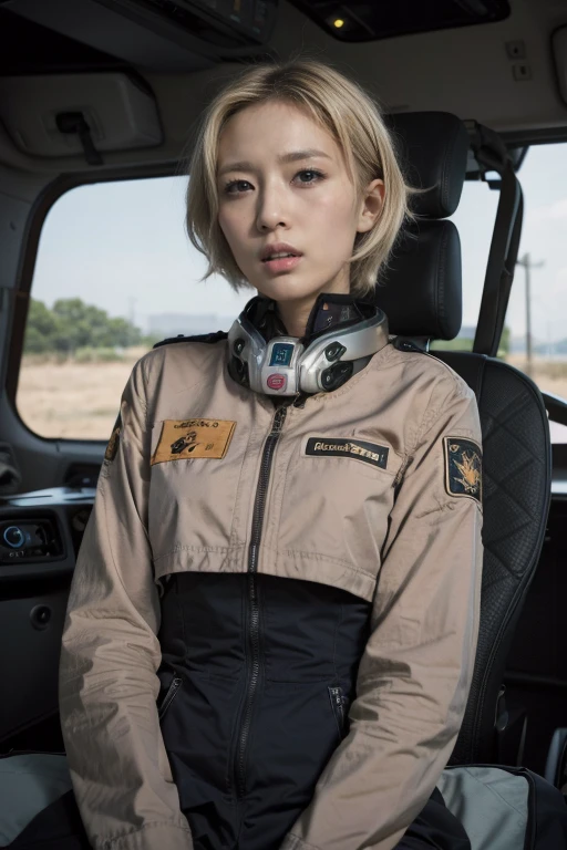Ridiculous resolution, high resolution, (masterpiece: 1.4), Ultra Detail, ung woman, Blonde short hair, Pilot suit, Rich Princess, Sitting in an extremely small and enclosed mecha cockpit, Expression scared crying open mouth calling (1.3), in the sky