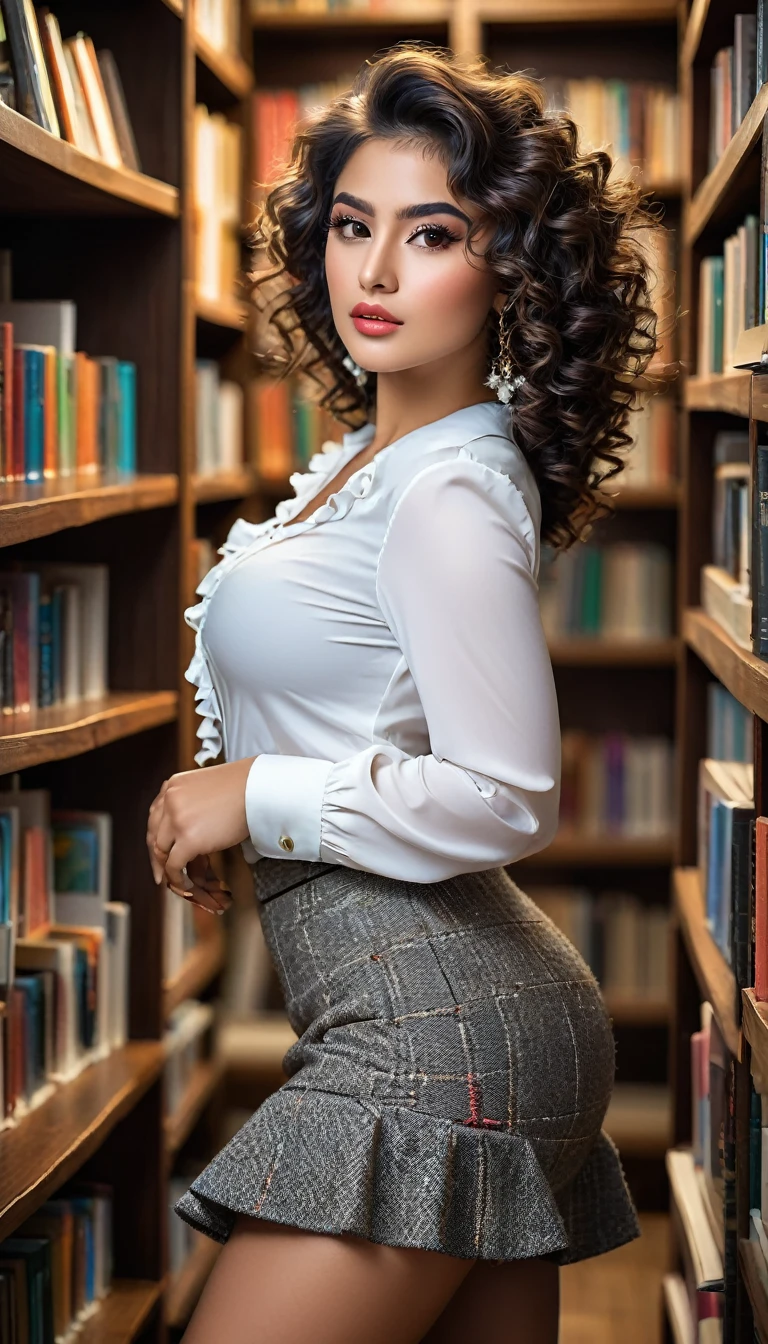 (((beautiful beautiful Isabela Merced, posing for photoshots, looking sexy, ruffled lips, Cabelo curto e curly, extremely beautiful eyes))), ((wearing floral silver necklace)), realistic photoshotgraph, highy detailed, Spitz focus, (Main lighting), (indoor bookstore environment), work of art, extremely beautiful, Perfect beauty, (perfect shape body, Broad Hips, small waist, thick-thighs, firm abs, Body cute, knees, kneecaps, focus on the knees, breasts small), ((30 years old)), (extremely detaild 8k wallpaper), ((face detailed)), (((wearing white shirt, saia curta de tweed, kneecaps, knees, nylons with a seam, Strad sandals)), (long dark eyelashes), (((aretes))), ((())), (((seen from behind))), (looking at the camera), ((())), (glamor model), (seductive facial expression) (((standing between tall shelves full of books))), extremely detaild, work of art, details Intricate, highy detailed, Spitz focus, skin detailed, realistic skin texture, texture, detailedeyes, high resolution, kodak vision color, photoshot_\(ultra\), Post-processing, maximum detail, roughness, real-life, ultra realistic, photoshotrealism, photoshotgraphy, absurderes, RAW photoshot, highest quallity, high detail RAW color photoshot, professional photoshot, extremely detaild UHD 8k wallpaper unit, best qualityer, high resolution, (work of art, maximum quality, high resolution:1.4), photoshot, cinematic, Film grain, Spitz, soft natural light, magic photoshotgraphy, super verbose
