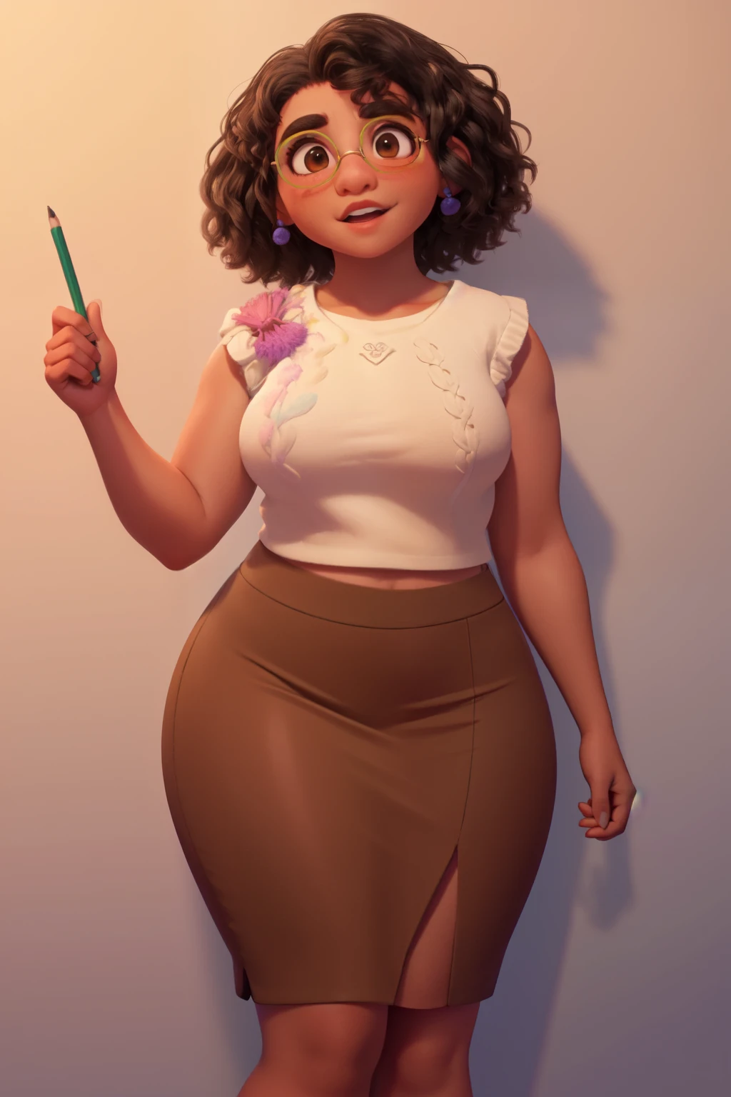 mirabel madrigal,  cups, ssmile, ((sleeveless sweater)), football gym background , (((pencil skirt))), (((brown skin))), skin detailed, perfect legs, perfect thighs, (((curvy body)))