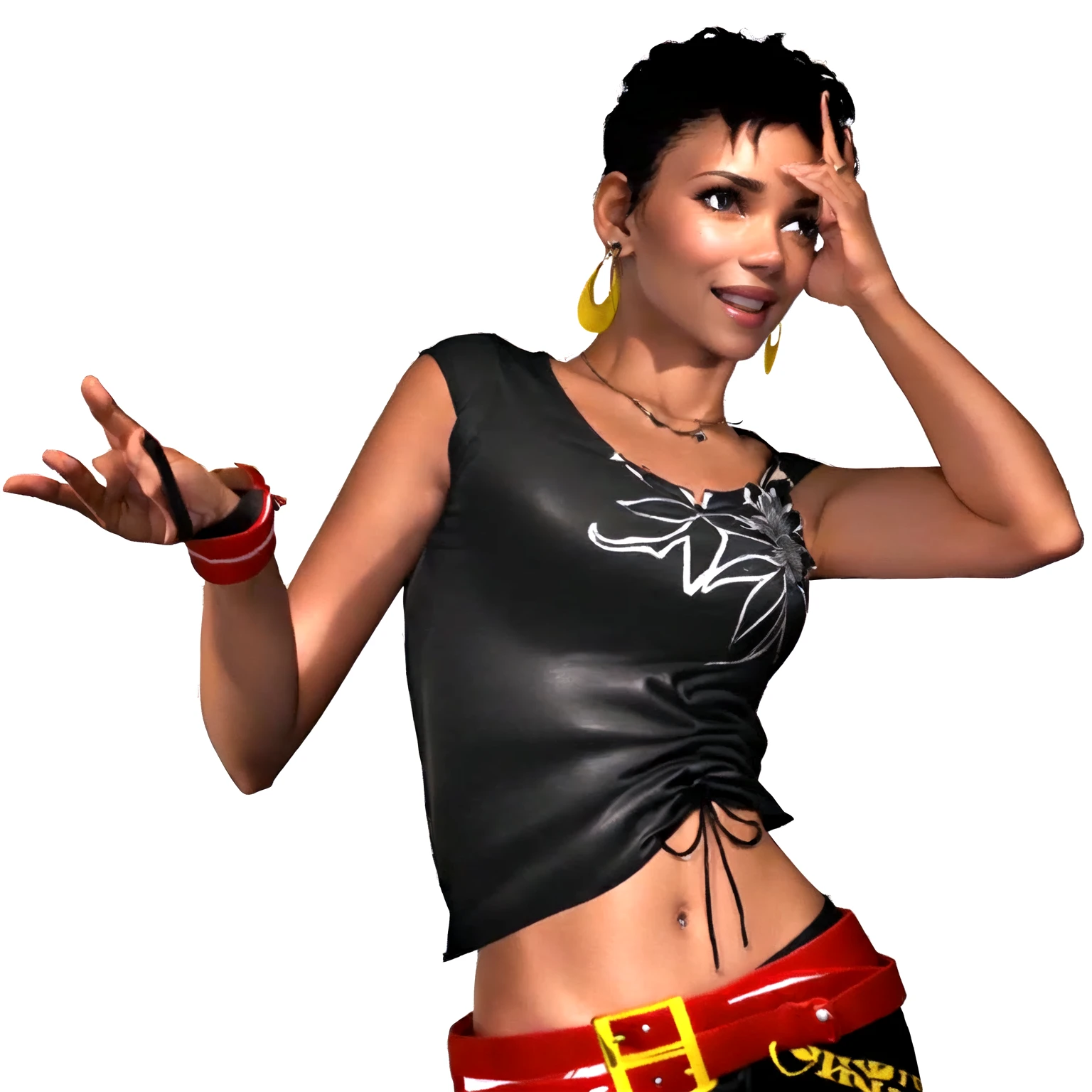 she's black, black hair, dark brown eyes, (eyes turned to look at the camera), swedish, as a character in Out Run 2, of SEGA, 3D CG from the 2000s, Holly, 2k, 2 k, ((smiling face)), realistic, render of halle berry, fighting game character, nina from tekken, bright clean face, from devil may cry, wide open curious eyes, carefree pose, black leather shirt with black and white flower art on it, simple golden necklace and earrings, right hand open in front of her as to say "how is this possible?", left hand inher hair like a facepalm, red belt, red wristband, hopeless expression, open mouth as to say "oh,god!"