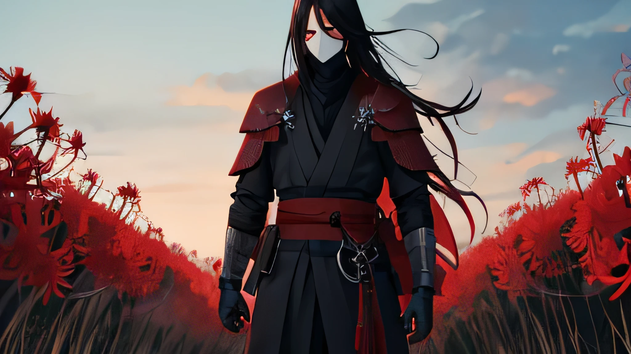 anime, Generate me a endless amount of red spider lilies. anime style art with a samurai standing in the field. night time, edgy, dark, bloody katana, flowing hair. hd, master quality, make the man wearing a mask.
