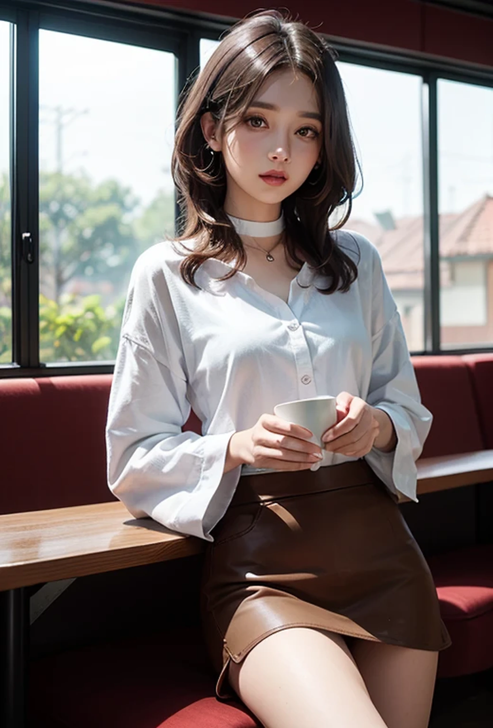(Photorealistic:1.8, Highest quality:1.8,8K masterpiece:1.8,High resolution,Mastepiece:1.8,RAW Photos,Cinematic lighting)、Detailed Background、((Flat Color))、morning、Cafe、Window light、(A female secretary holding a coffee cup)、
(choker、big chest、White blouse、Skirt with slits、Wide open chest、Beautiful thighs、Beautiful breasts)、(happy、smile、A rich expression)、(Medium Hair、Beautiful, shining red, white, silver-brown hair:1.5)、Sparkling Blue Eyes、Random Pause、TWICE's Tzuyu' on pause