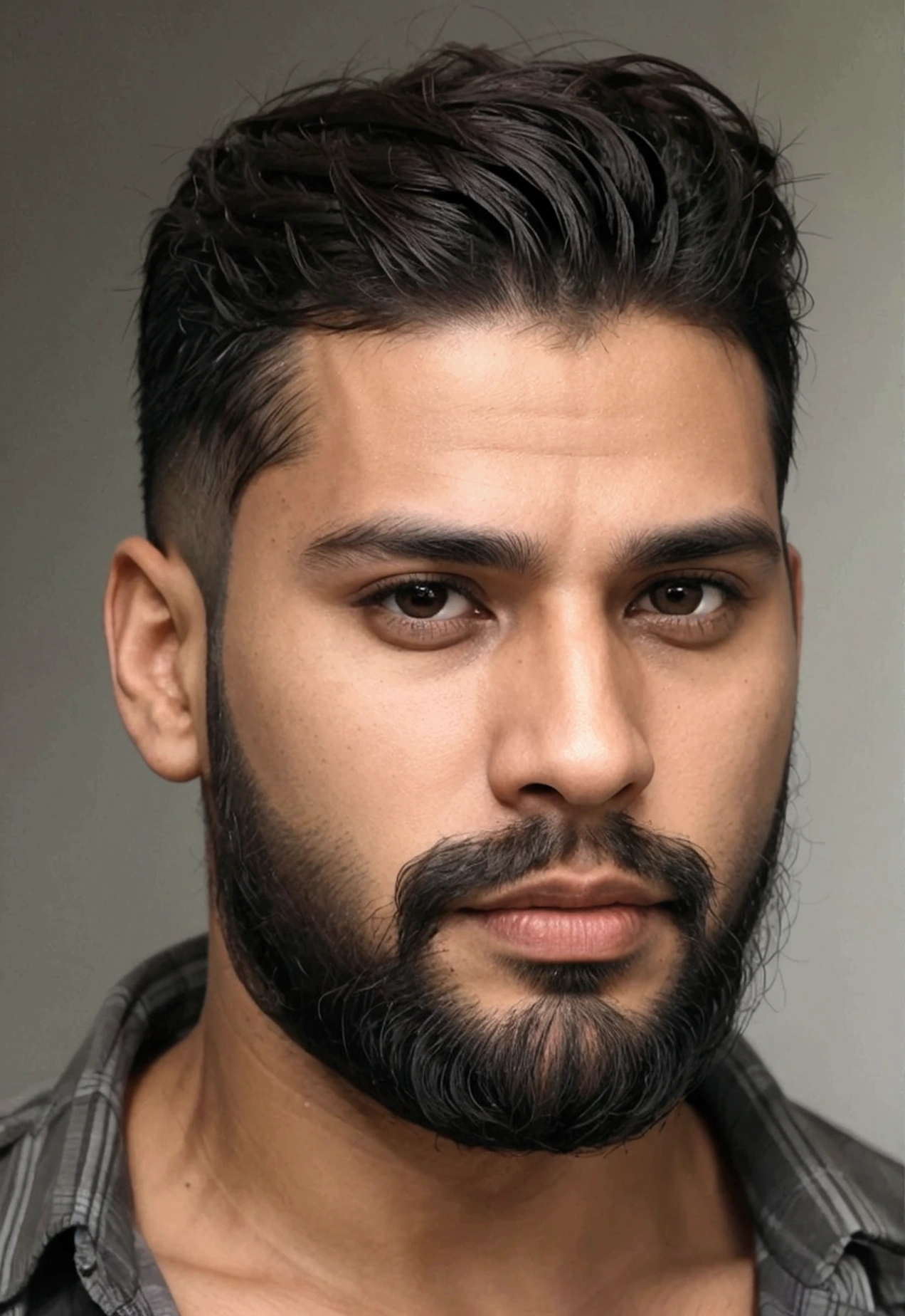 a latin man, 28 years old dark, without so much front, with comb over haircut for the side and medium black beard