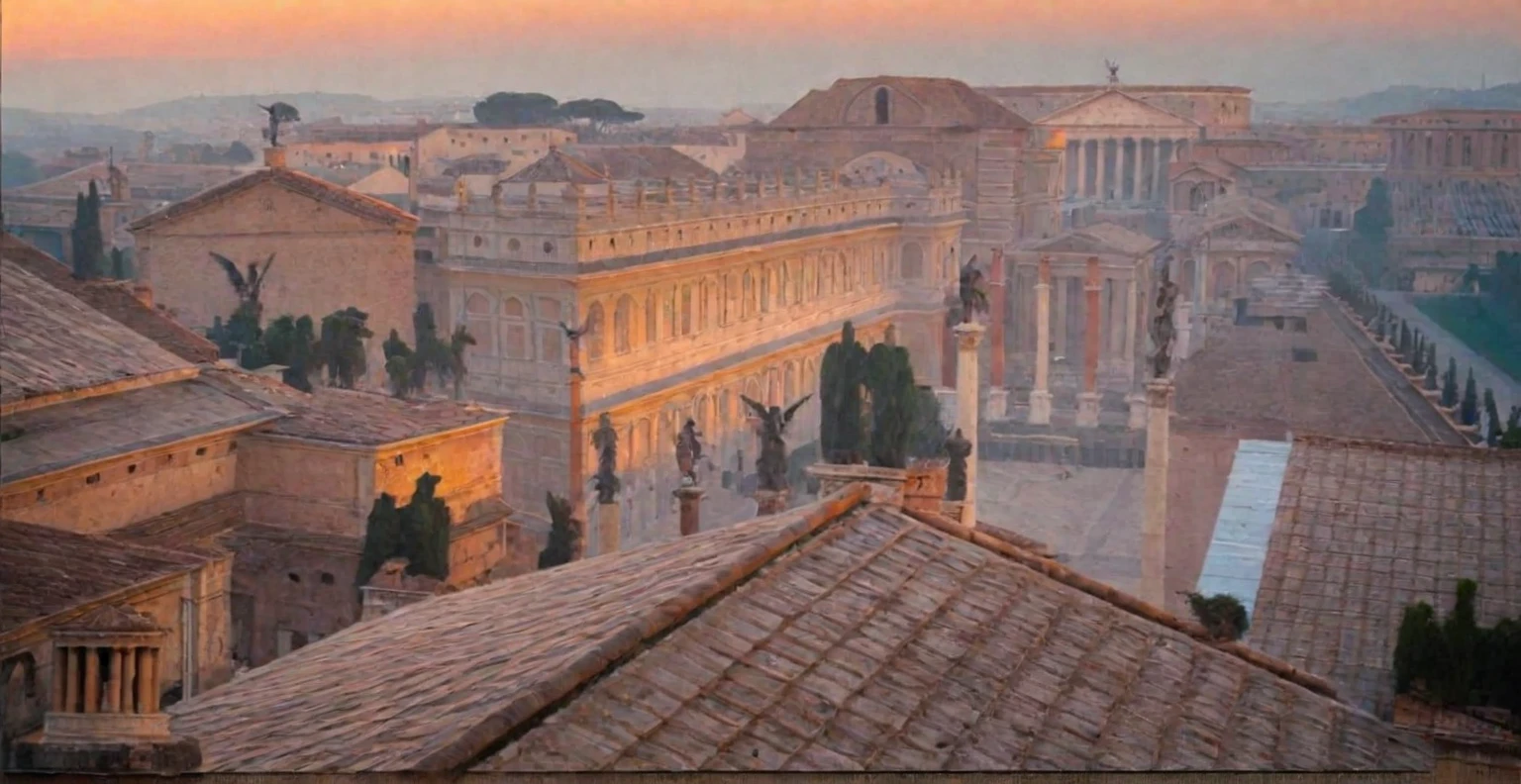 arafed view of a city with a lot of buildings and a clock tower, roman city, rome, ancient rome, rome in background, eternal city, roma, roman monuments, ancient roman setting, rome backdrop, roman historic works, market in ancient rome, old roman style, colosseo, city ruins in the background, ancient roman style, view from slightly above
