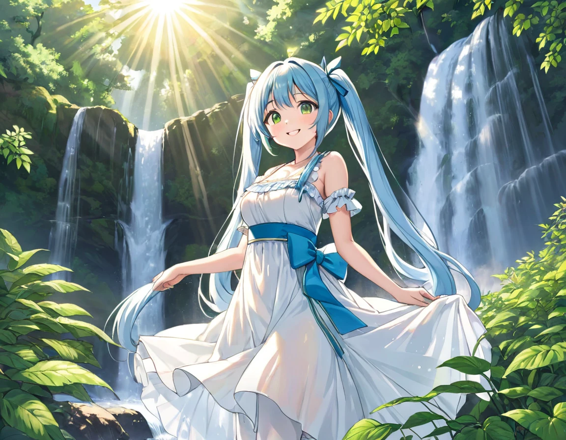 Sexy beauty,Beautiful Japanese Landscape、Big waterfall,Sunlight shines through the green leaves、The costume is a white dress、Light blue long hair、Beautiful girl with twin tails、Look up at the sky、Bright smile