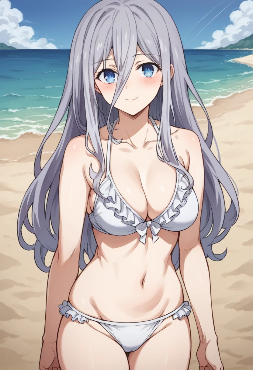 Score_9, Score_8_up, source_anime BREAK solo, 1 girl, looking at viewer, cowboy photo,
Reinamurasame, queen murasame, long hair, blue eyes, gray hair, hair between eyes,
swimsuit, white bikini, ruffled bikini, swimsuit,
curves, medium breasts, smile, sagging skin, blush, tight clothing,
outdoors, beach, ocean, sand, sunlight,