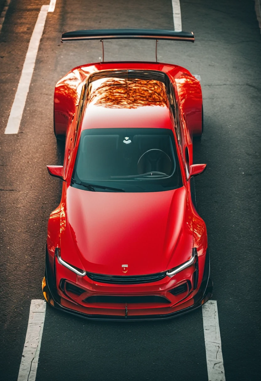 Red sports car, photo taken directly from the front of car, phone wallpaper, masterpiece quality, cinematic photography