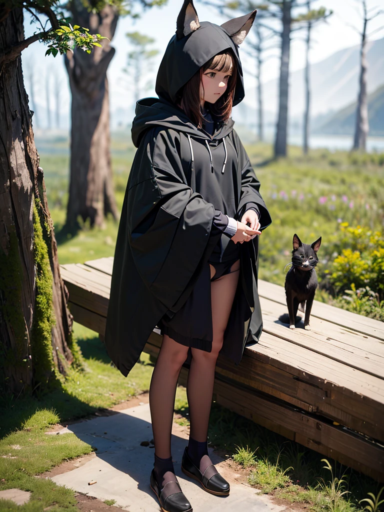 work of art, best qualityer,, 1 girl, sitting down, animal ears, blackw_body hair, Boken, Bokenmark, filial, mitts, gram, green body hair, Boken, hooded cloak, hooded cloak down, ventail, gazing at viewer, multicolored body hair, ocaneta_Boken, partially fingerless mitts, caneta, plantar, duffel bag, plume, leitura, sitting down, ssmile, standing alone, Tailpussy, Tree, Tree stump,, sky, floor, moutain, forst, lake, lingerie only