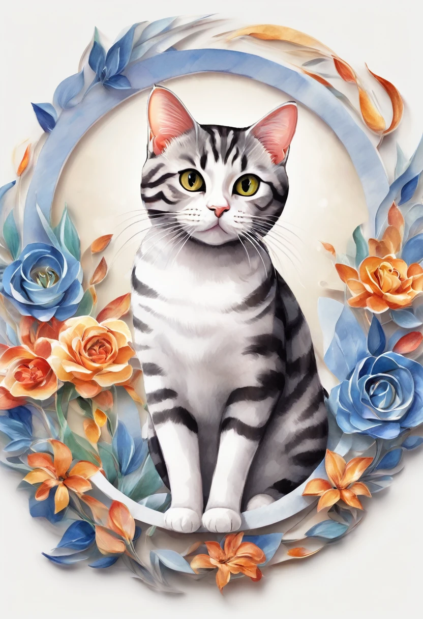 Circular logo with an American Shorthair cat, text logo: American Shorthair, 3D watercolor style painting, full picture, High contrast high resolution (photorrealistic:1.5), White background, sticker style, (raw photos, 8k hd, 