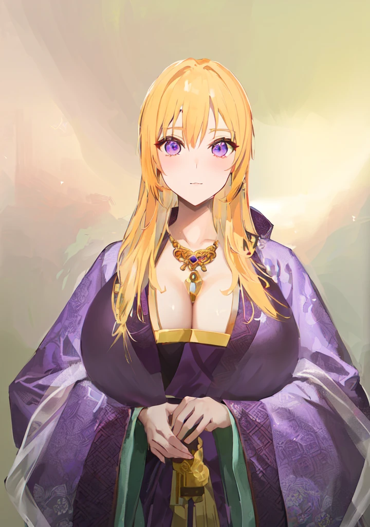 Wearing a purple robe、Cartoon image of a woman holding a bowl, ((Beautiful fantasy queen)), Produced in collaboration with Anime Painter Studio, Anime Goddess, Portrait of the Knights of the Zodiac, (Wearing noble robes)), Anime style like fate/overnight, Beautiful fantasy queen, In the anime painter studio，Three Kingdoms，Three Kingdoms志，Chinese style，antiquity，Hanfu，，巨big乳房，Good shape，Royal sister，Purple Eyes，Celluloid，big，Full figure，Noble，huge ，big ，big boods，sex body，yellow hair，Purple Eyes
