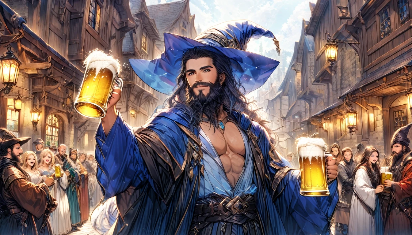 (Anime Infinite Stratus Art, 8k, ultra full high definition, epic quality, epic texture). The theme is a party in the tavern.  The setting is a medieval RPG style tavern, it is extremely detailed, it is full of men and women of different RPG classes (knights, monks, pirates, archers, and others), (((everyone is celebrating and drinking beer))) .  The focus is a man, his name is Gozamell, he is 31 years old, he is a wizard, he is short in stature, he is bald, he has brown eyes, he has a long black beard, white skin, muscular, wide chest, wide hips, he he wears a blue pointy wizard hat, he wears a blue wizard robe and blue wizard pants, he is drinking beer, he has drunken features and is very happy, he is celebrating with the people in the scene, everyone likes him a lot, full body.  The atmosphere is happy, celebratory and a lot of fun.