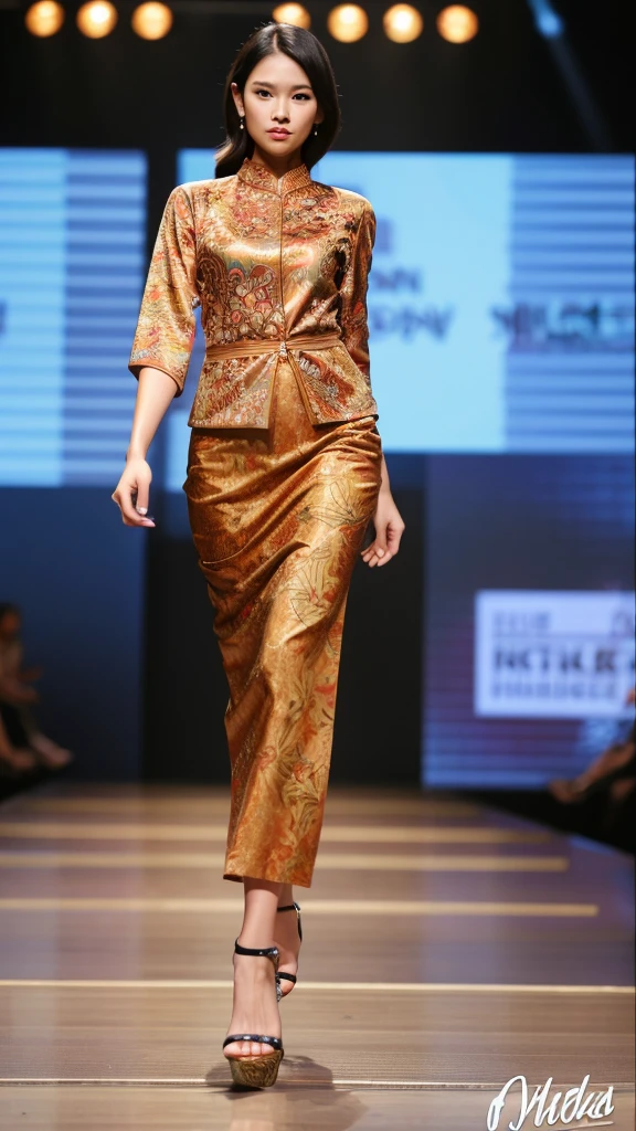 A beautiful woman on runway, kebaya, batik , high heels, malay , tall , serious expression in model's face, great quality picture, normal catwalk, normal legs, normal hands normal body, normal anatomy 