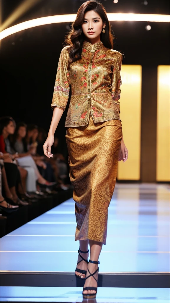 A beautiful woman on runway, kebaya, batik , high heels, malay , tall , serious expression in model's face, great quality picture, normal catwalk, normal legs, normal hands normal body, normal anatomy 