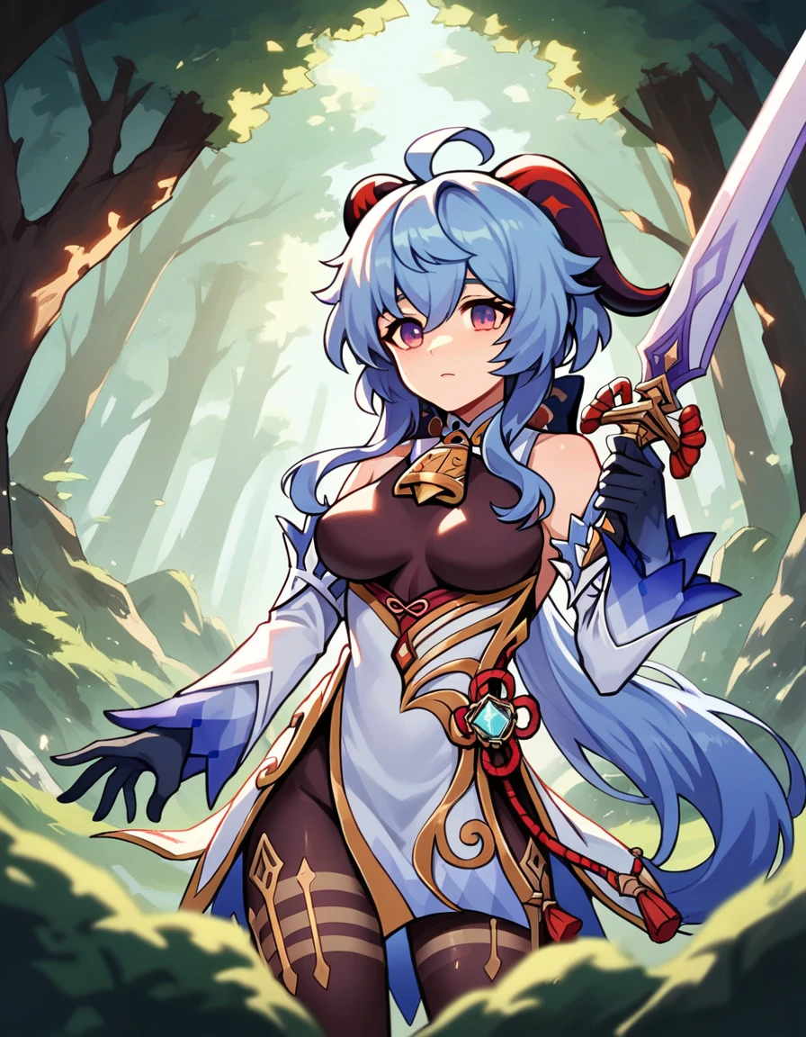 Ganyu (genshin impact), Epic paladin Armor for body, sword 1 hand, hight quality, best quality, masterpiece, intricate details, high resolution, extremely detailed face, perfect lighting,(perfect hands, perfect anatomy), Detailed background, forest,