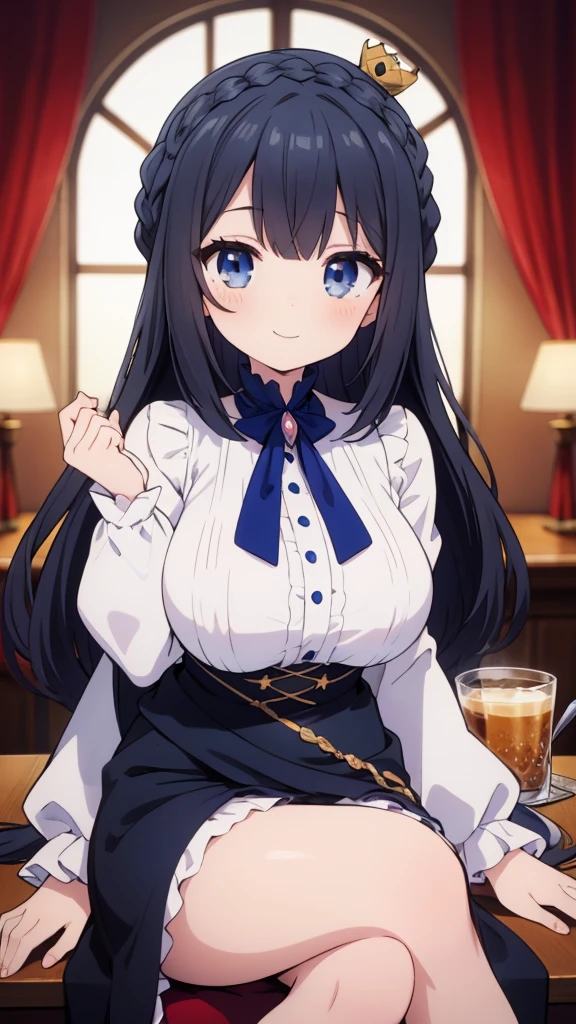 best quality, extremely detailed, anime style girl, long hair down to the waist, straight hair, dark black hair with bluish,crown braid,beautiful detailed eyes, pinched eyes, dark blue eyes, gradation eyes,huge breasts,((((English noblewoman's clothes)))),English like café,sitting on a chair,smile