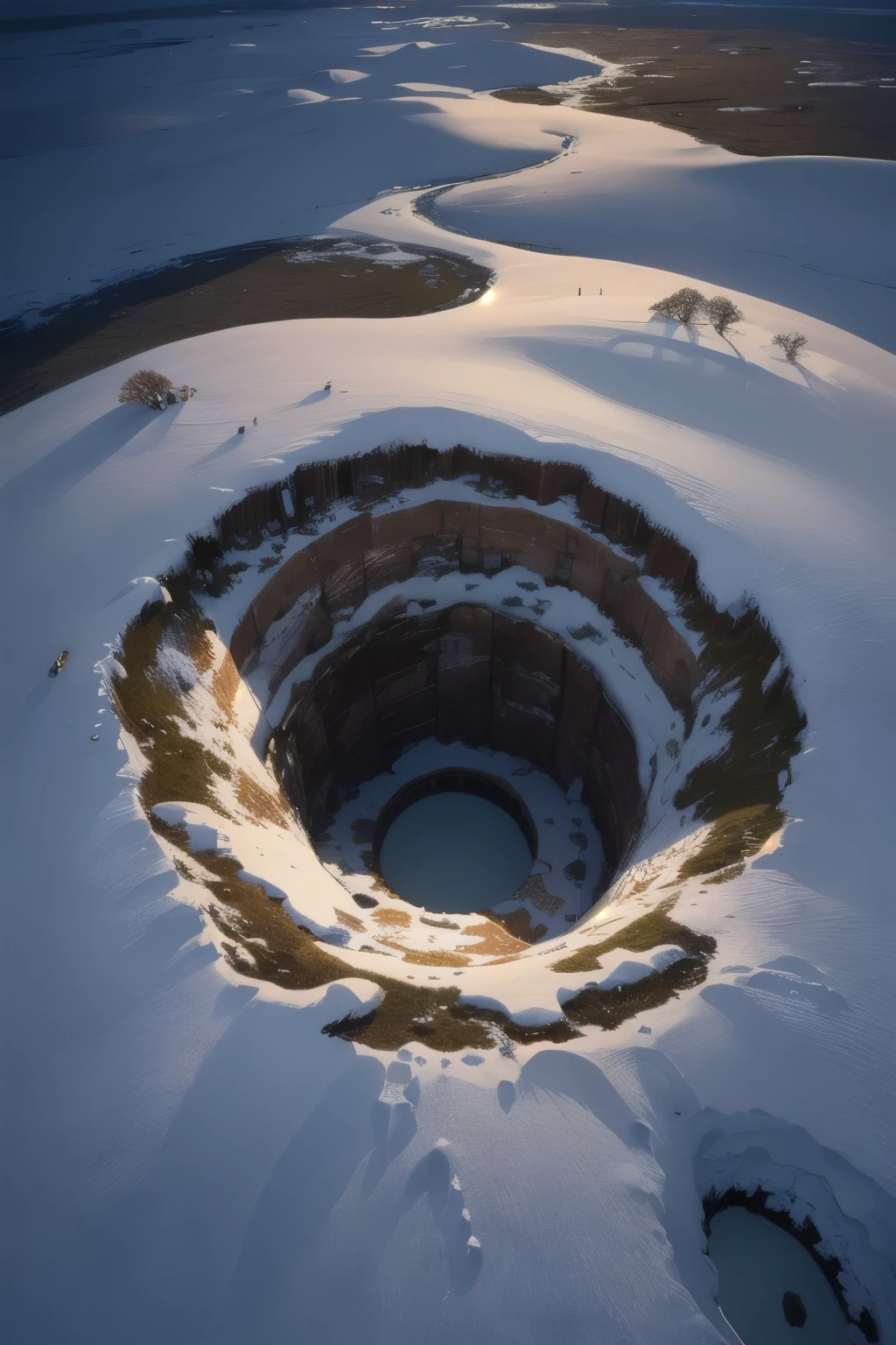 ((best quality)), ((masterpiece)), (detailed), A view from above of a snowy landscape with a large hole in the center, illuminated by moonlight