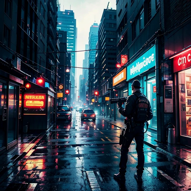 4k, realistic, high detailed, 1man with a gun, behind a building, action scene, city, rain. Neon lights, dark muted colors, diffused lighting. Focus is on the man, close up shot, he looks from the corner of the building in the distance.