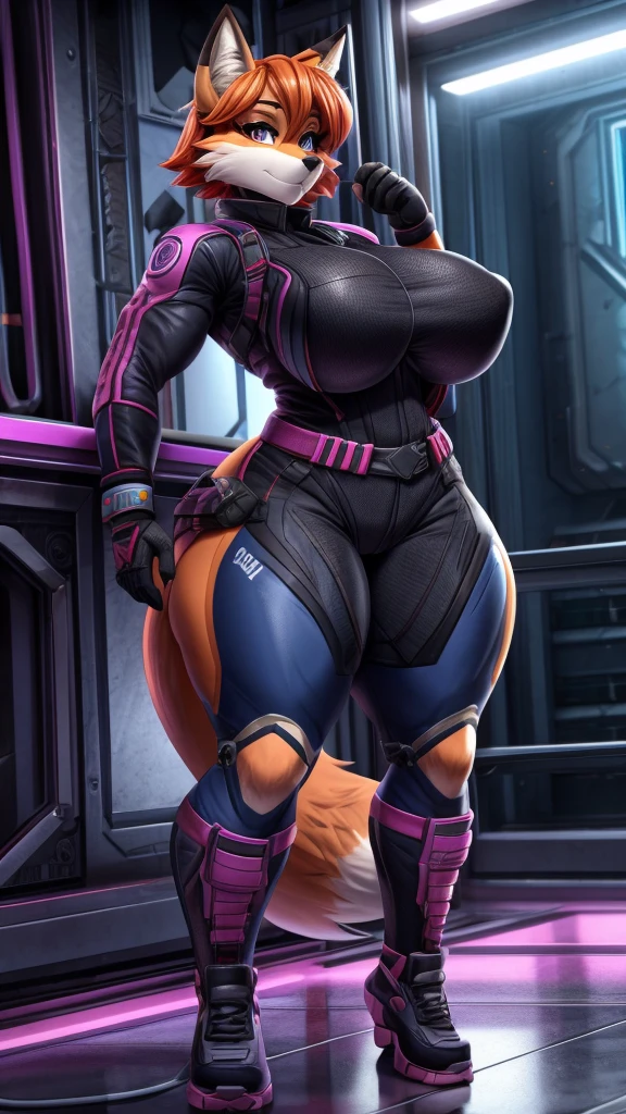 Skye fron Paw Patrol, as a female fox, anthro, mature adult, tall, muscular, tomboy, big breasts, big butt, thicc thighs, short orange hair, magenta iris, massive female, full body techwear outfit, solo, beautiful, high quality, manhwa style, 4K