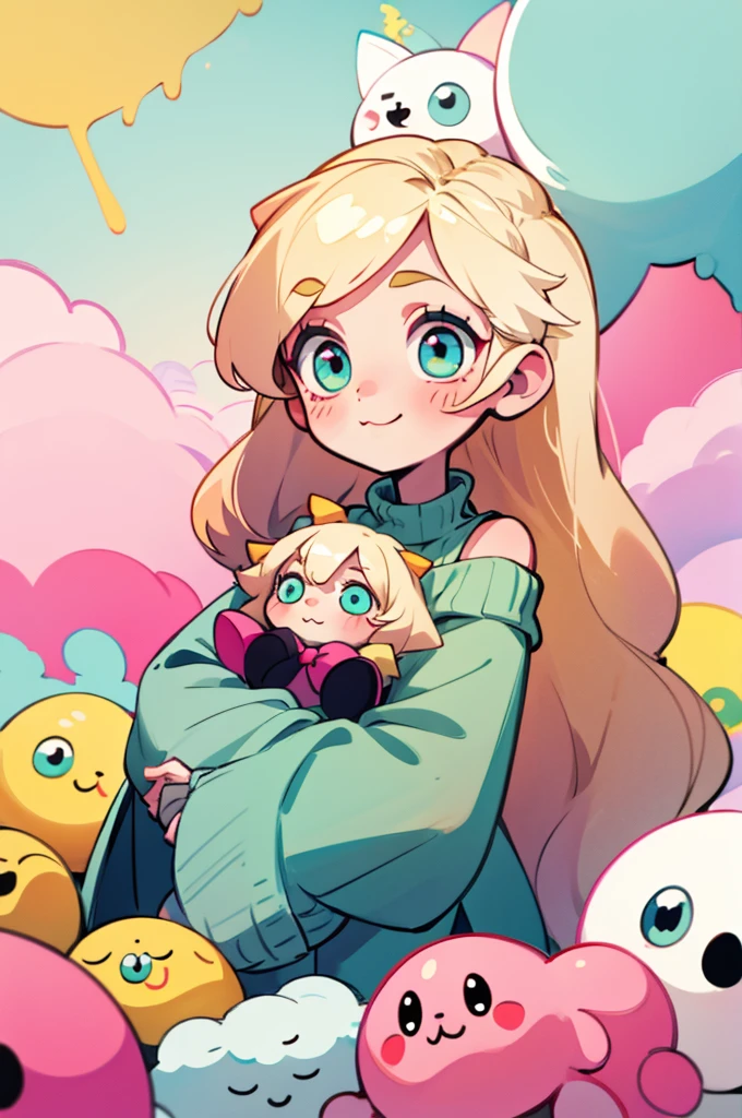 cute, happy, very long blonde hair, white bow in the back of hair, turquoise eyes, big eyes, pink oversized off shoulder sweater, kawaii, comfy, gamer, clouds, plushies, adorable, cuteness