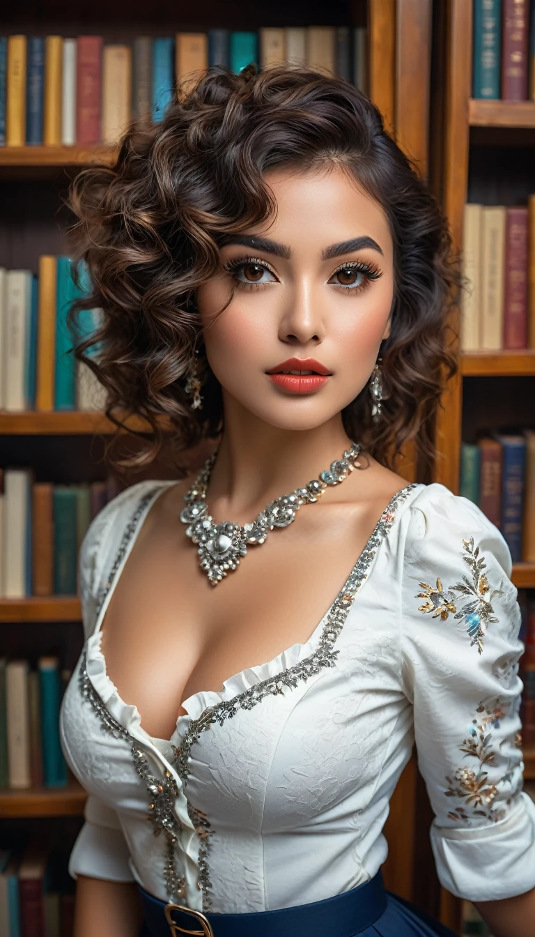 (((beautiful beautiful Isabela Merced, posing for photoshots, looking sexy, closed lips, extremely beautiful eyes))), ((wearing floral silver necklace)), realistic photoshotgraph, highy detailed, Spitz focus, (Main lighting), (indoor bookstore environment), work of art, very short and curly hair, bangss, bangss covering forehead, ((Short blonde hair, selvagem e cacheado e bangss:1.2)) extremely beautiful, Perfect beauty, (perfect shape body, Broad Hips, small waist, thick-thighs, firm abs, Body cute, sexy legs, gorgeous knees knees, kneecaps, focus on the knees, breasts small), ((30 years old)), (extremely detaild 8k wallpaper), ((face detailed)), (((wearing white shirt, saia curta de tweed, kneecaps, knees, nylons with a seam, Strad sandals)), (long dark eyelashes), (((aretes))), (looking at the camera), (((kneecaps)))) (glamor model), (seductive facial expression) (((standing between tall shelves full of books))), extremely detaild, work of art, details Intricate, highy detailed, Spitz focus, skin detailed, realistic skin texture, texture, detailedeyes, high resolution, kodak vision color, photoshot_\(ultra\), Post-processing, maximum detail, roughness, real-life, ultra realistic, photoshotrealism, photoshotgraphy, absurderes, RAW photoshot, highest quallity, high detail RAW color photoshot, professional photoshot, extremely detaild UHD 8k wallpaper unit, best qualityer, high resolution, (work of art, maximum quality, high resolution:1.4), photoshot, cinematic, Film grain, Spitz, soft natural light, magic photoshotgraphy, super verbose, ((whole body: legs 1.3))