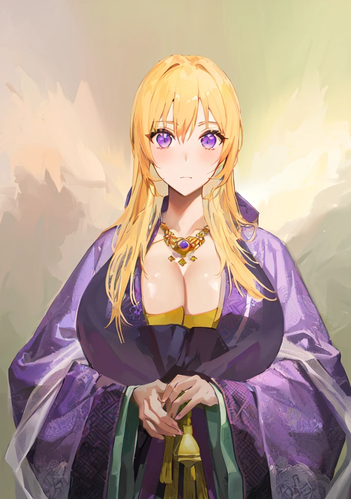 Wearing a purple robe、Cartoon image of a woman holding a bowl, ((Beautiful fantasy queen)), Produced in collaboration with Anime Painter Studio, Anime Goddess, Portrait of the Knights of the Zodiac, (Wearing noble robes)), Anime style like fate/overnight, Beautiful fantasy queen, In the anime painter studio,Three Kingdoms,Three Kingdoms志,Chinese style,antiquity,Hanfu,,巨big乳房,Good shape,Royal sister,Purple Eyes,Celluloid,big,Full figure,Noble,huge ,big ,big boods,sex body,yellow hair,Purple Eyes
