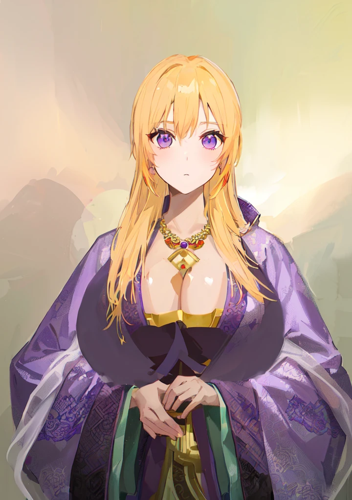 Wearing a purple robe、Cartoon image of a woman holding a bowl, ((Beautiful fantasy queen)), Produced in collaboration with Anime Painter Studio, Anime Goddess, Portrait of the Knights of the Zodiac, (Wearing noble robes)), Anime style like fate/overnight, Beautiful fantasy queen, In the anime painter studio,Three Kingdoms,Three Kingdoms志,Chinese style,antiquity,Hanfu,,巨big乳房,Good shape,Royal sister,Purple Eyes,Celluloid,big,Full figure,Noble,huge ,big ,big boods,sex body,yellow hair,Purple Eyes