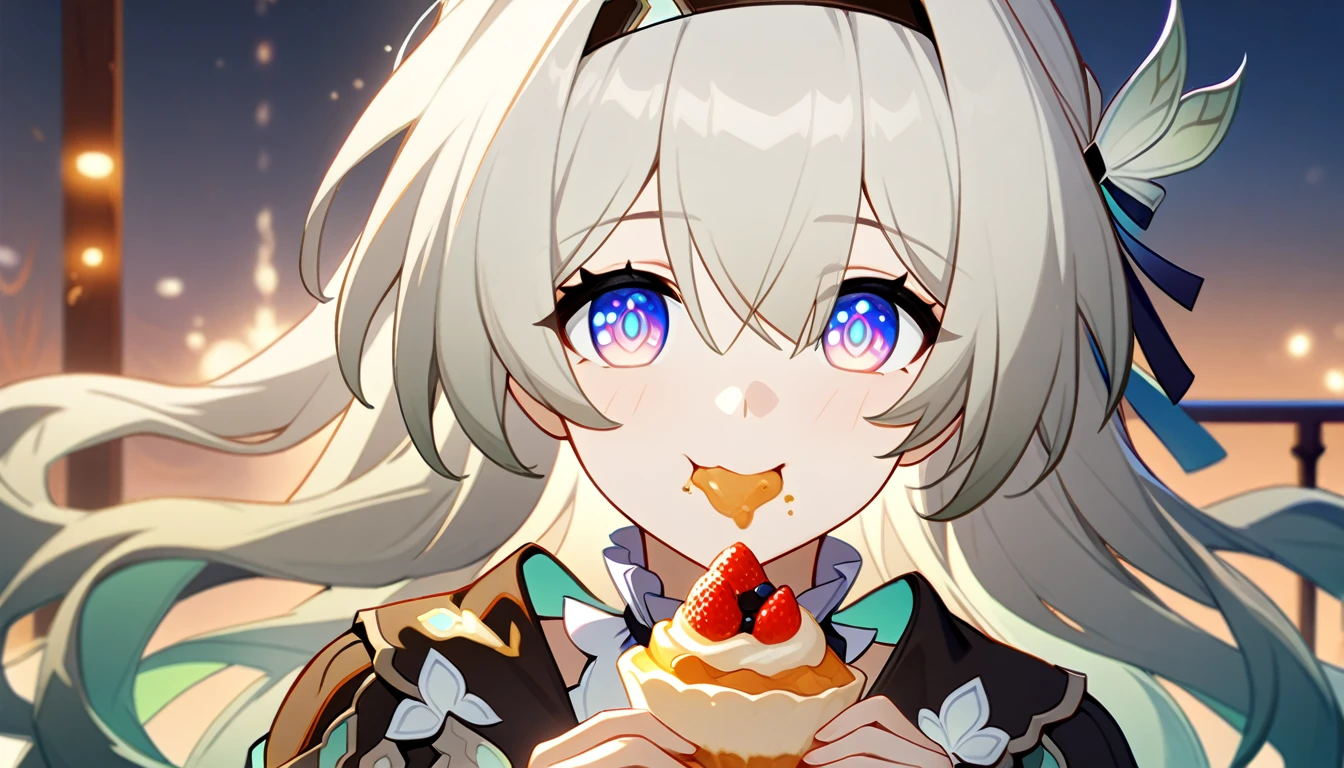 1girl, firefly, honkai star rail, eating desert, happy, detailed, high quality, fair, hd, detailed,  good lighting, close up, 