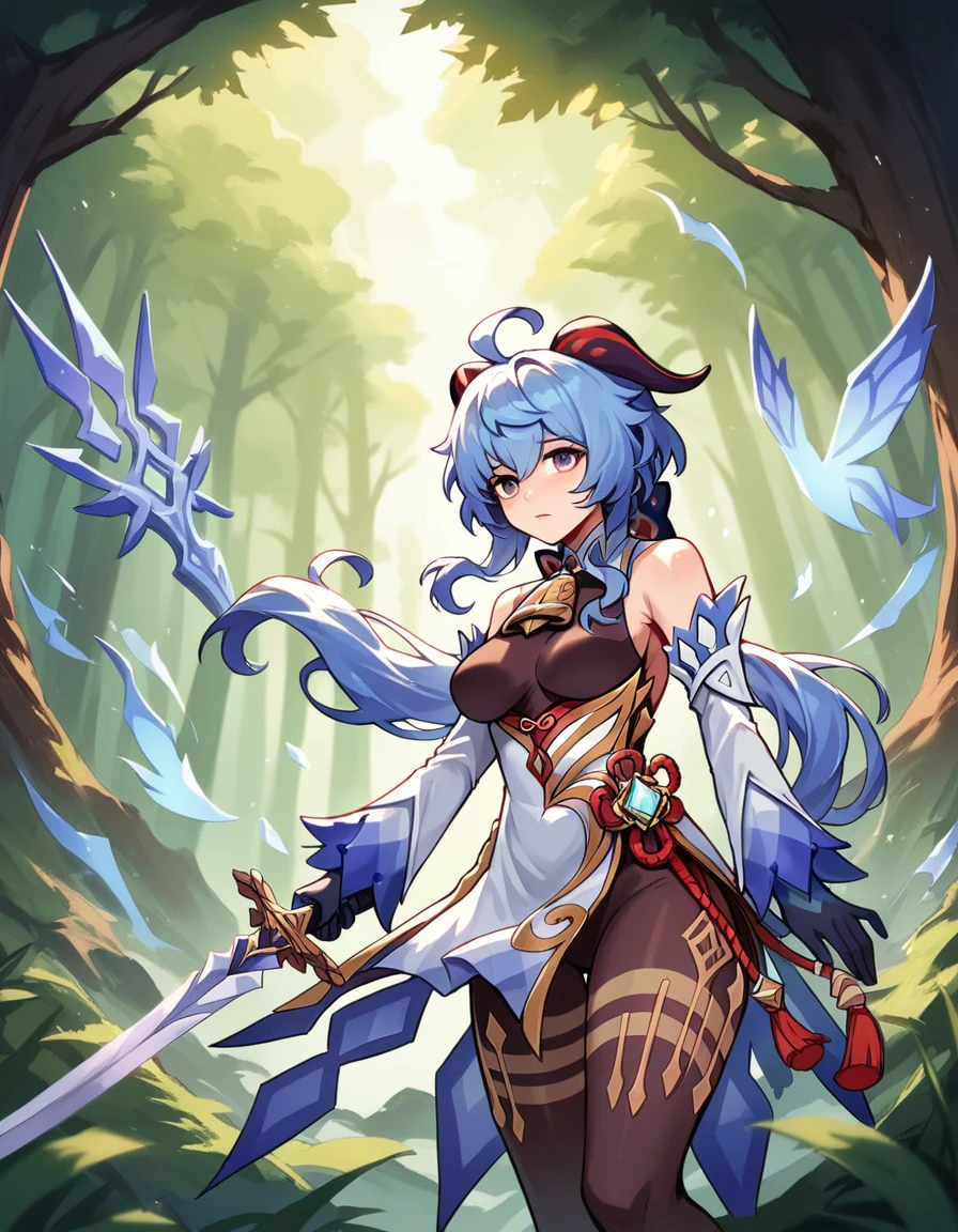 Ganyu (genshin impact), Epic paladin Armor for body, sword 1 hand, hight quality, best quality, masterpiece, intricate details, high resolution, extremely detailed face, perfect lighting,(perfect hands), Detailed background, forest,