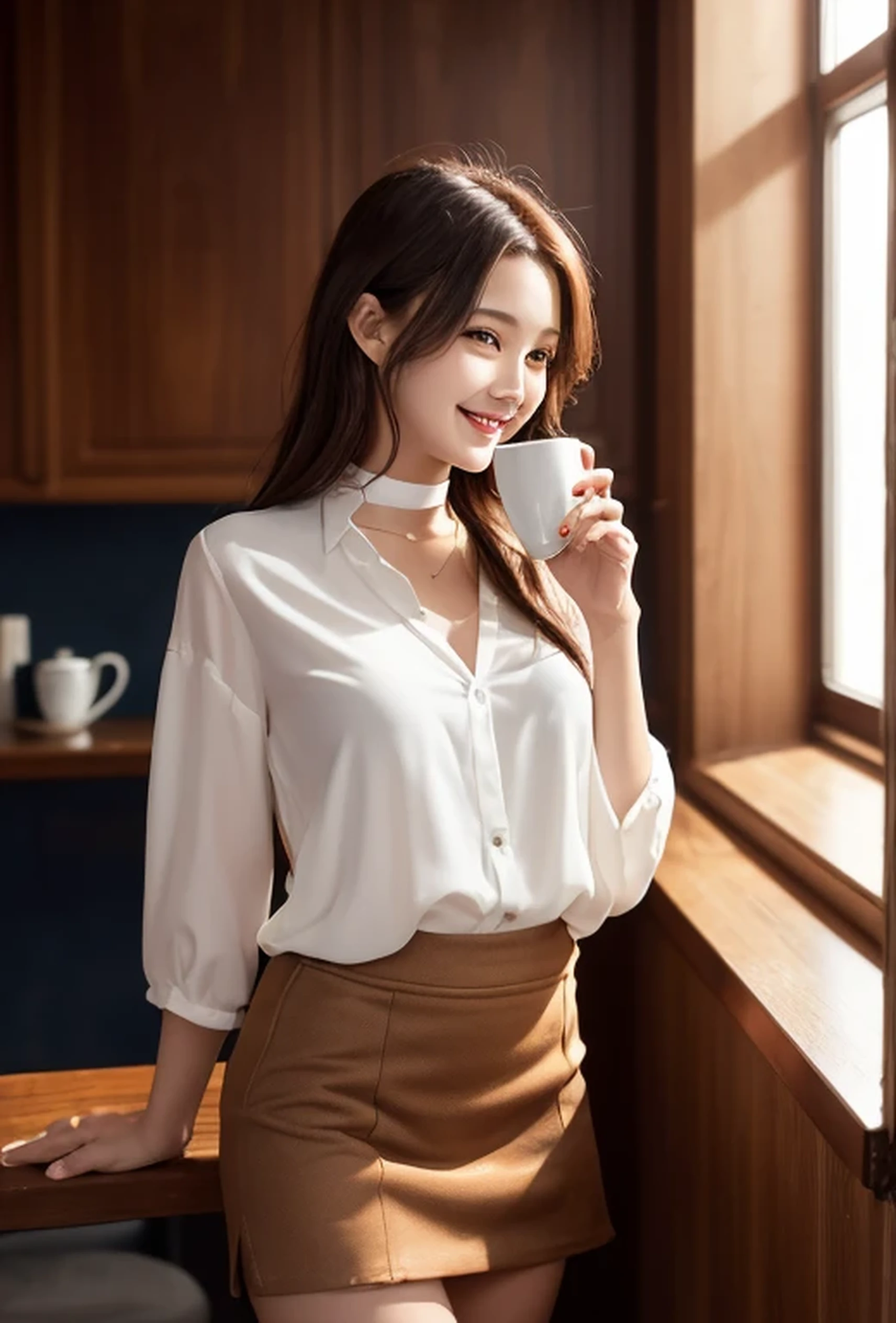 (Photorealistic:1.8, Highest quality:1.8,8K masterpiece:1.8,High resolution,Mastepiece:1.8,RAW Photos,Cinematic lighting)、Detailed Background、((Flat Color))、morning、Cafe、Window light、(A female secretary holding a coffee cup)、(happy、Smiling face)、
(choker、big chest、White blouse、Mini skirt with slit、Wide open chest、Beautiful thighs、Beautiful breastedium Hair、Beautiful, shining red, white, silver-brown hair:1.5)、Sparkling Blue Eyes、Random Pause、TWICE's Tzuyu' on pause