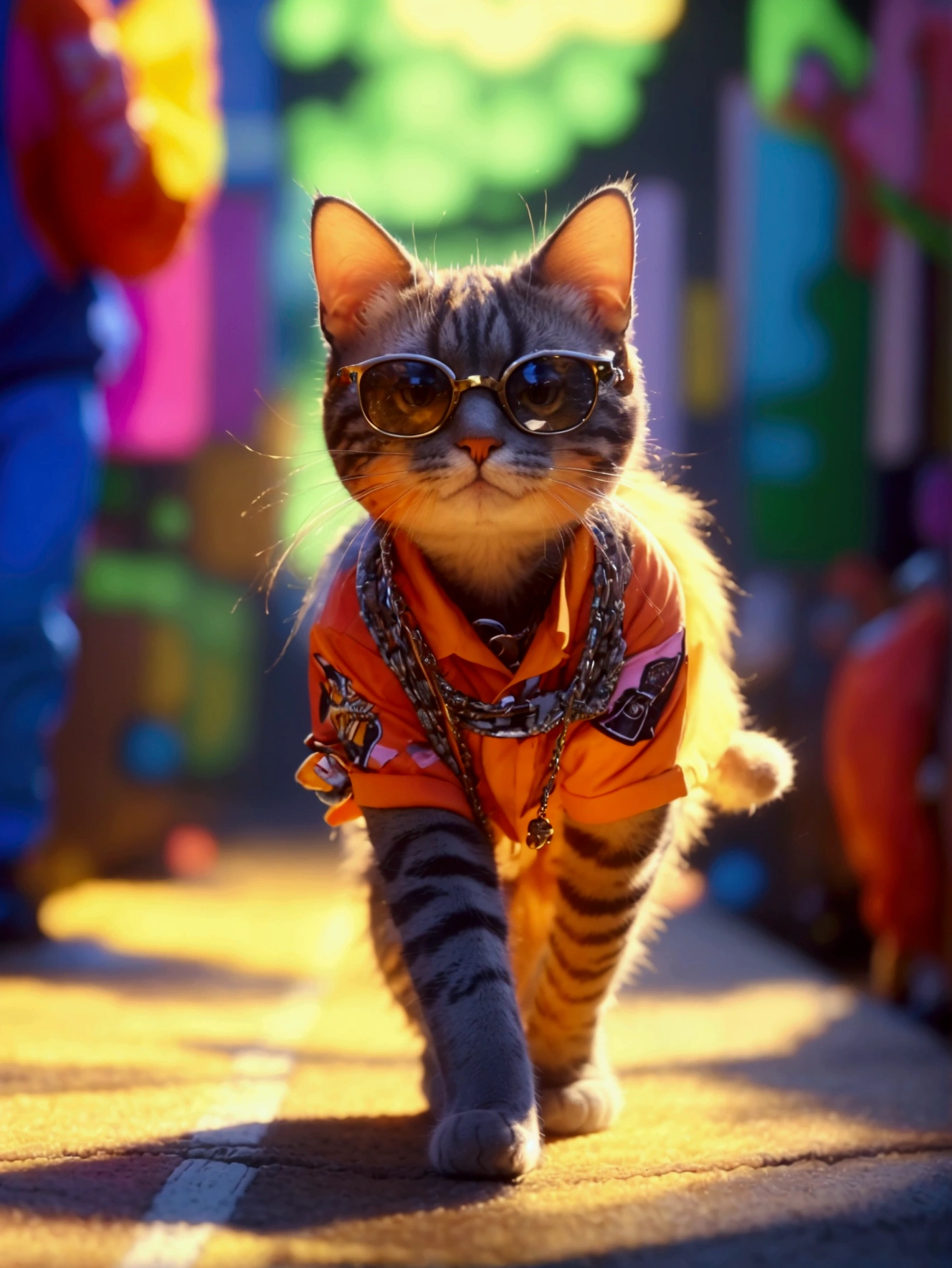 A cat that is walking down a runway, inspired by Hanns Katz, trending on pinterest, maximalism, digital screenshot, rapper, in style of lee souder, no text!, academic clothing, wow factor, funny and silly, summer clothes, fur attire, rap bling, iphone screenshot, courtesy mbari, afp,4k,HDR