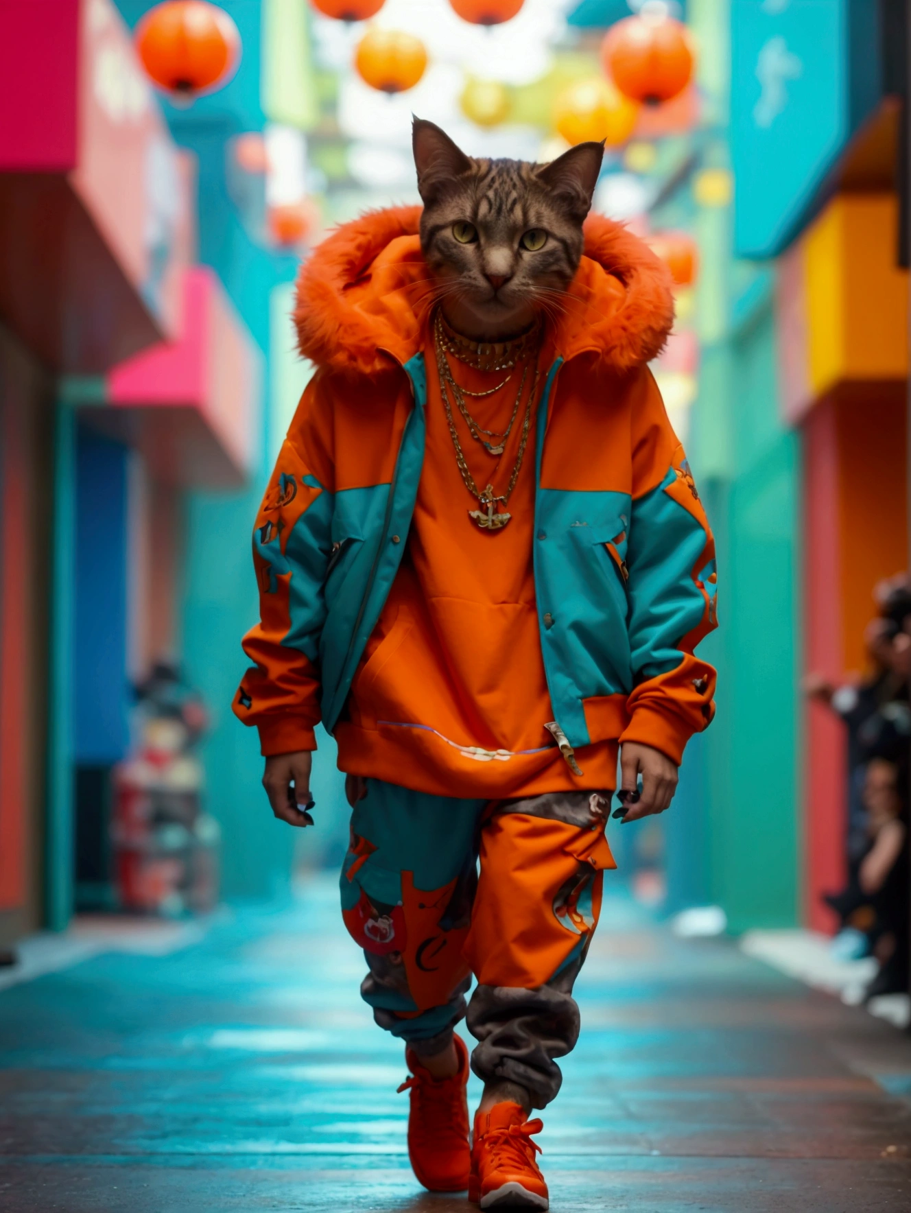 A cat that is walking down a runway, inspired by Hanns Katz, trending on pinterest, maximalism, digital screenshot, rapper, in style of lee souder, no text!, academic clothing, wow factor, funny and silly, summer clothes, fur attire, rap bling, iphone screenshot, courtesy mbari, afp,4k,HDR