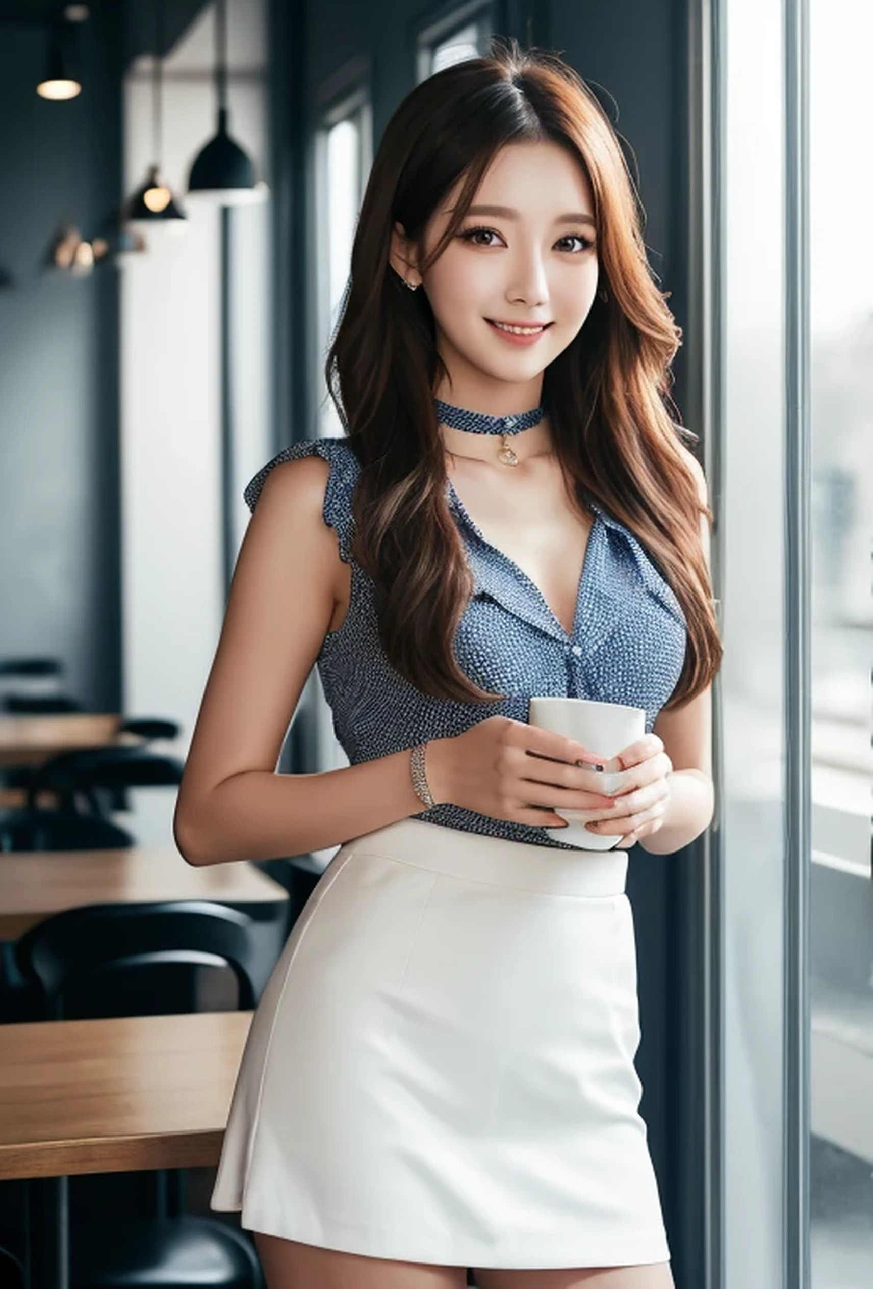 (Photorealistic:1.8, Highest quality:1.8,8K masterpiece:1.8,High resolution,Mastepiece:1.8,RAW Photos,Cinematic lighting)、Detailed Background、((Flat Color))、morning、Cafe、Window light、（A female secretary holding a coffee cup)、（happy、Smiling face）、
（choker、big chest、White blouse、Mini skirt with slit、Wide open chest、Beautiful thighs、Beautiful breastedium Hair、Beautiful, shining red, white, silver-brown hair:1.5)、Sparkling Blue Eyes、Random Pause、TWICE&#39;s Tzuyu&#39; on pause