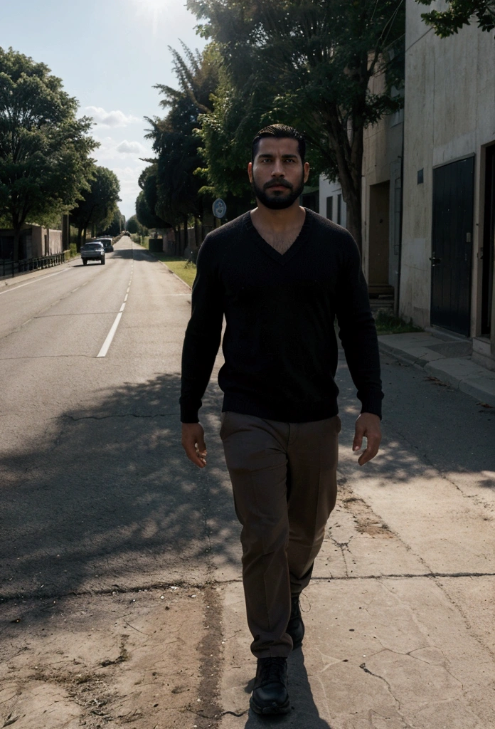 a latin man, 28 years old dark, without so much front, with comb over haircut for the side and medium black beard, walking into nowhere , the scene at a distance well away from the camera focus , a scene in the middle of a road street and on the side field and plain. wide angle camera scene, contemplative scene, full body shot, sun and daylight, movie perspective, High Definition, photorealistic
